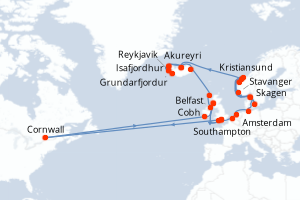 Carte itinéraire croisière - 35 jours au départ de Southampton - Europe du Nord