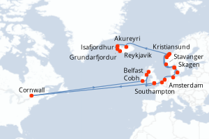 Carte itinéraire croisière - 25 jours au départ de Southampton - Europe du Nord