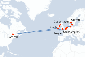 Carte itinéraire croisière - 15 jours au départ de Southampton - Europe du Nord