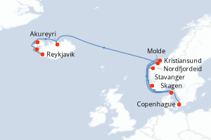 Carte itinéraire croisière - 10 jours au départ de Copenhague - Europe du Nord