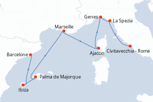Carte itinéraire croisière - 7 jours au départ de Barcelone - Méditerranée