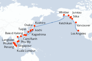 Carte itinéraire croisière  - 45 jours au départ de Singapour - Amérique du Nord