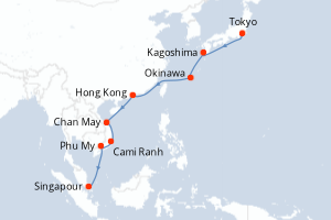 Carte itinéraire croisière - 14 jours au départ de Tokyo - Asie
