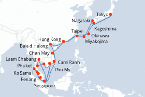 Carte itinéraire croisière  - 42 jours au départ de Tokyo - Asie