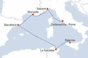 Carte itinéraire croisière - 6 jours au départ de Civitavecchia - Rome - Méditerranée