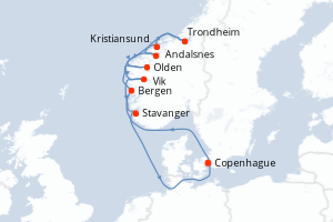 Carte itinéraire croisière - 10 jours au départ de Copenhague - Europe du Nord