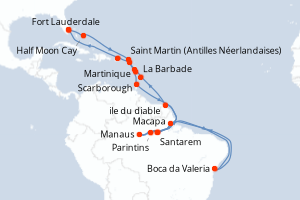 Carte itinéraire croisière - 28 jours au départ de Fort Lauderdale - Caraïbes Bahamas