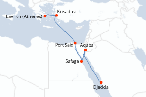 Carte itinéraire croisière - 8 jours au départ de Lavrion (Athenes) - Mer Rouge Océan Indien