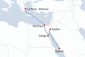 Carte itinéraire croisière - 7 jours au départ de Le Piree - Athenes - Mer Rouge Océan Indien