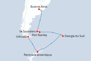 Carte itinéraire croisière - 16 jours au départ de Ushuaia - Amérique du Sud