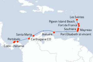 Carte itinéraire croisière - 12 jours au départ de Fort de France - Riviera Mexicaine