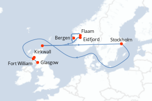 Carte itinéraire croisière - 7 jours au départ de Bergen - Europe du Nord