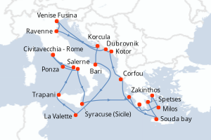 Carte itinéraire croisière - 24 jours au départ de Civitavecchia - Rome - Méditerranée