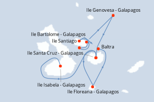 Carte itinéraire croisière Neuf îles parmi les plus réputées Itinéraire Ouest et Nord - 8 jours au départ de Seymour Narrow - Galapagos