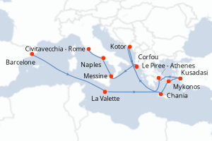 Carte itinéraire croisière - 14 jours au départ de Barcelone - Méditerranée