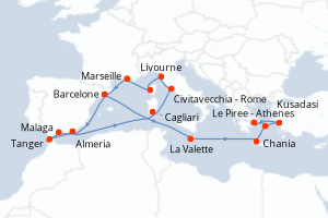 Carte itinéraire croisière - 18 jours au départ de Barcelone - Méditerranée