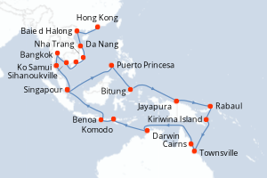 Carte itinéraire croisière - 42 jours au départ de Hong Kong - Asie