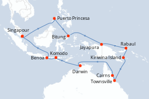 Carte itinéraire croisière - 28 jours au départ de Singapour - Asie