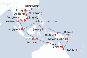 Carte itinéraire croisière - 42 jours au départ de Singapour - Asie