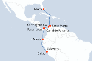 Carte itinéraire croisière - 12 jours au départ de Miami - Amérique du Sud
