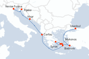 Carte itinéraire croisière - 11 jours au départ de Istanbul - Méditerranée