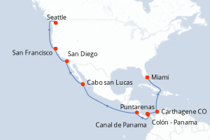 Carte itinéraire croisière - 18 jours au départ de Miami - Alaska