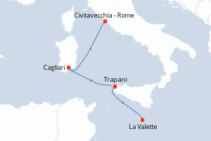 Carte itinéraire croisière - 3 jours au départ de La Valette - Méditerranée