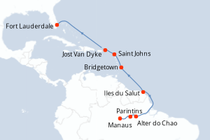 Carte itinéraire croisière - 13 jours au départ de Manaus - Caraïbes Bahamas