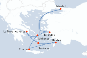 Carte itinéraire croisière - 11 jours au départ de Le Piree - Athenes - Méditerranée