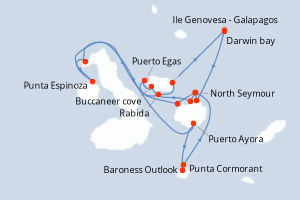 Carte itinéraire croisière Îles Galápagos - Neuf îles parmi les plus réputées (Itinéraire Ouest et Nord) - 10 jours au départ de Quito - Galapagos