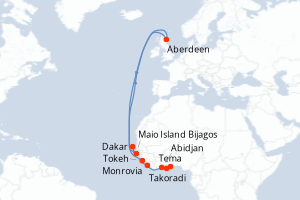 Carte itinéraire croisière - 10 jours au départ de Tema - Ouest Africain