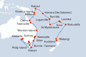 Carte itinéraire croisière - 42 jours au départ de Sydney - Australie Nouvelle Zélande