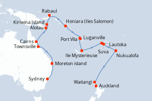 Carte itinéraire croisière - 26 jours au départ de Sydney - Australie Nouvelle Zélande