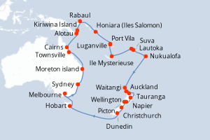 Carte itinéraire croisière - 40 jours au départ de Sydney - Australie Nouvelle Zélande