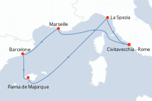 Carte itinéraire croisière - 7 jours au départ de Civitavecchia - Rome - Méditerranée
