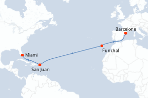 Carte itinéraire croisière - 13 jours au départ de Barcelone - Transatlantique