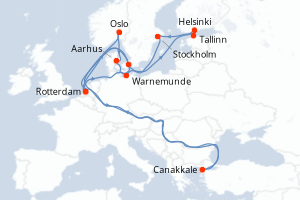 Carte itinéraire croisière - 14 jours au départ de Rotterdam - Europe du Nord