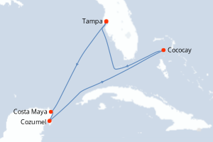 Carte itinéraire croisière - 7 jours au départ de Tampa - Caraïbes Mexique