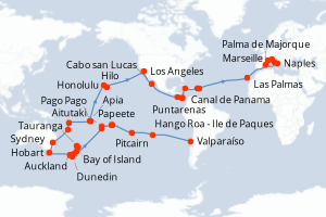 Carte itinéraire croisière - 86 jours au départ de Valparaíso - Transatlantique