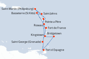 Carte itinéraire croisière - 14 jours au départ de Fort de France - Caraïbes Bahamas