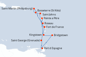 Carte itinéraire croisière - 14 jours au départ de Fort de France - Caraïbes Bahamas