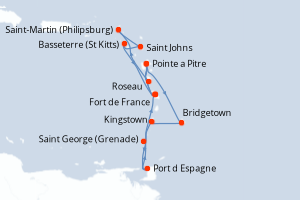 Carte itinéraire croisière - 14 jours au départ de Fort de France - Caraïbes Bahamas