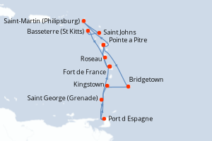 Carte itinéraire croisière - 14 jours au départ de Fort de France - Caraïbes Bahamas