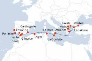 Carte itinéraire croisière - 24 jours au départ de Lisbonne - Méditerranée