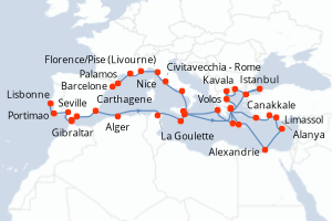 Carte itinéraire croisière - 49 jours au départ de Lisbonne - Méditerranée