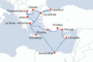 Carte itinéraire croisière - 19 jours au départ de Le Piree - Athenes - Méditerranée