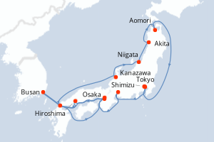 Carte itinéraire croisière - 14 jours au départ de Tokyo - Asie