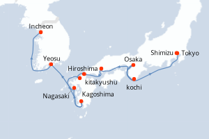 Carte itinéraire croisière - 12 jours au départ de Tokyo - Asie