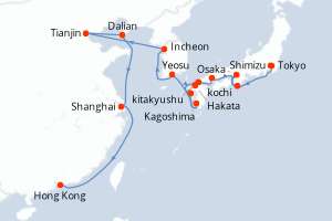 Carte itinéraire croisière - 24 jours au départ de Tokyo - Asie