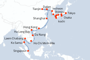Carte itinéraire croisière - 37 jours au départ de Tokyo - Asie